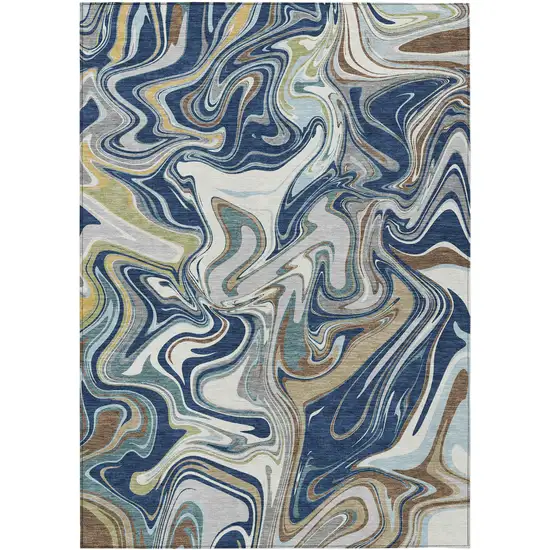 Navy Blue Ivory And Gold Abstract Washable Indoor Outdoor Area Rug Photo 9