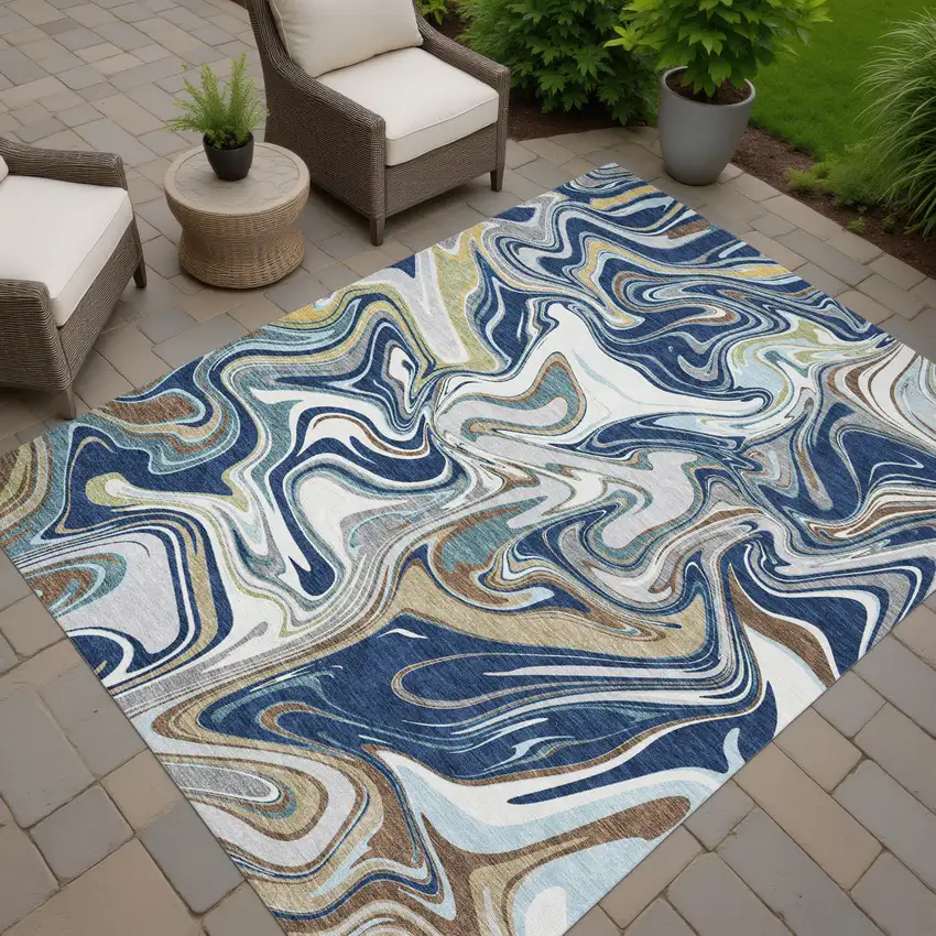 Navy Blue Ivory And Gold Abstract Washable Indoor Outdoor Area Rug Photo 7