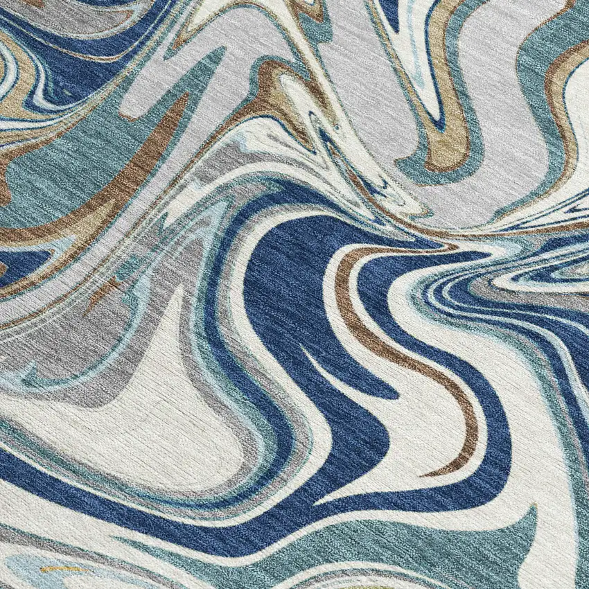 Navy Blue Ivory And Gold Abstract Washable Indoor Outdoor Area Rug Photo 3