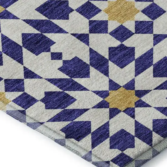 Navy Blue Ivory And Gold Geometric Washable Area Rug With UV Protection Photo 4