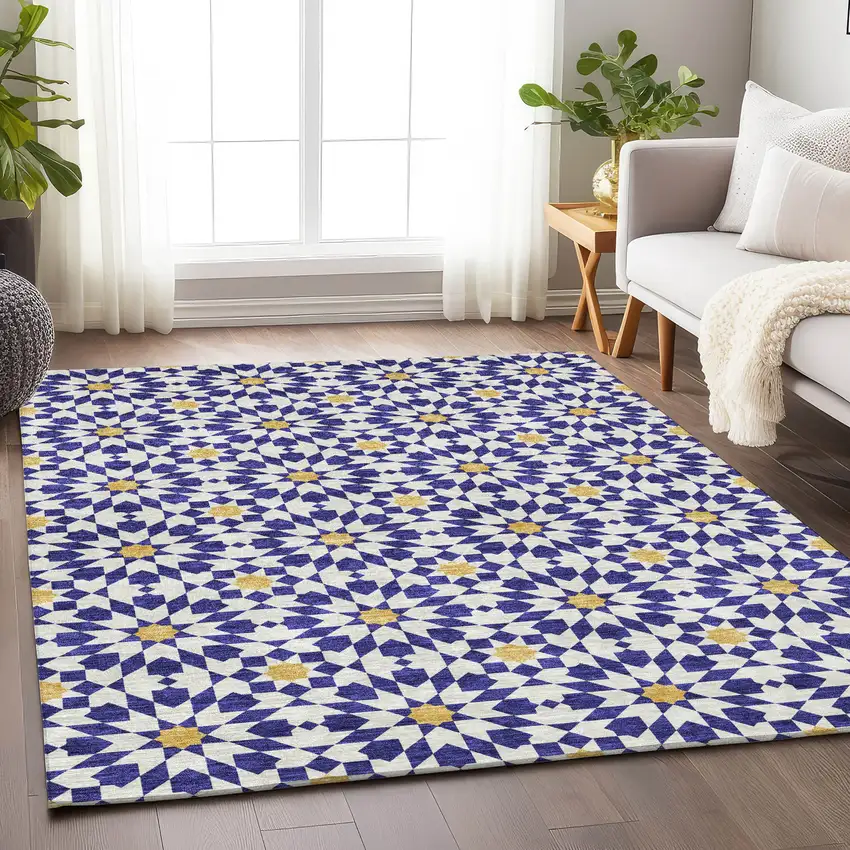 Navy Blue Ivory And Gold Geometric Washable Area Rug With UV Protection Photo 5