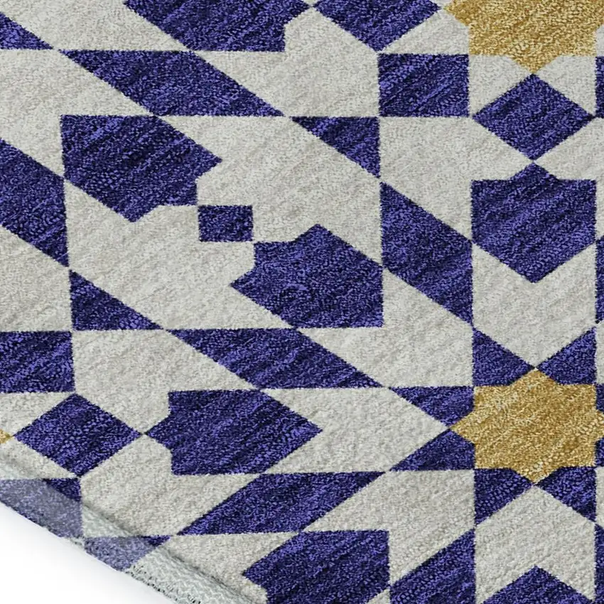 Navy Blue Ivory And Gold Geometric Washable Area Rug With UV Protection Photo 3