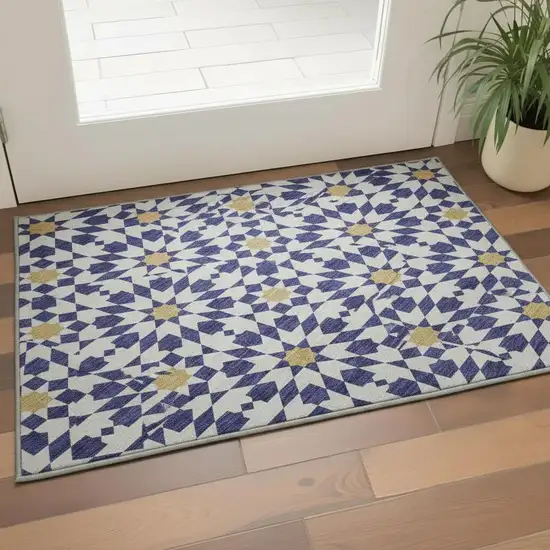 Navy Blue Ivory And Gold Geometric Washable Area Rug With UV Protection Photo 2