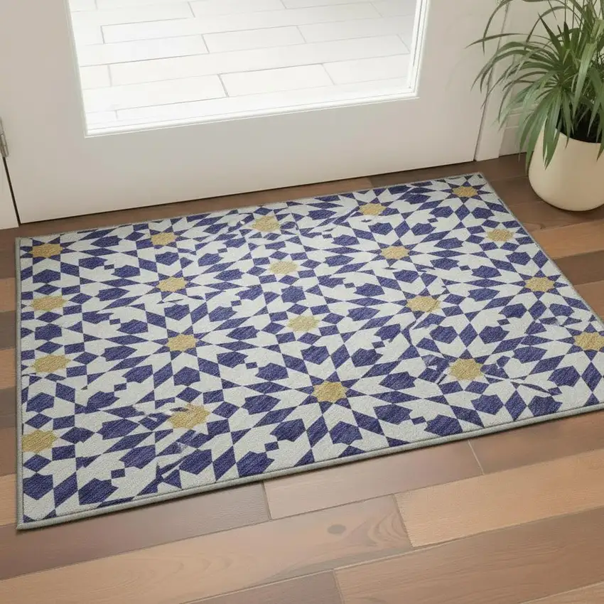 Navy Blue Ivory And Gold Geometric Washable Area Rug With UV Protection Photo 2