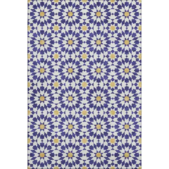 Navy Blue Ivory And Gold Geometric Washable Area Rug With UV Protection Photo 7