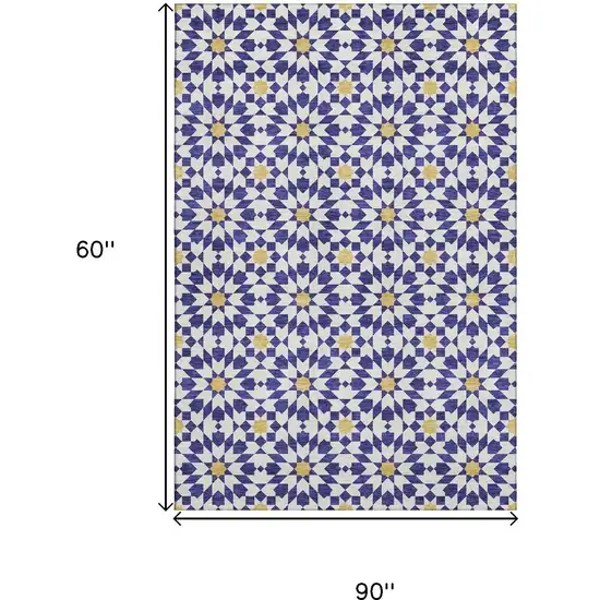 Navy Blue Ivory And Gold Geometric Washable Area Rug With UV Protection Photo 3