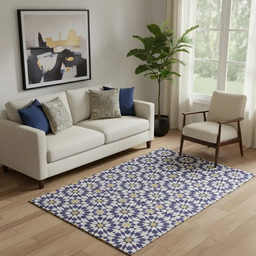 Navy Blue Ivory And Gold Geometric Washable Area Rug With UV Protection Photo 1