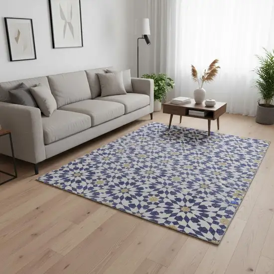 Navy Blue Ivory And Gold Geometric Washable Area Rug With UV Protection Photo 2