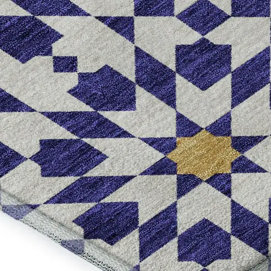 Navy Blue Ivory And Gold Geometric Washable Area Rug With UV Protection Photo 3