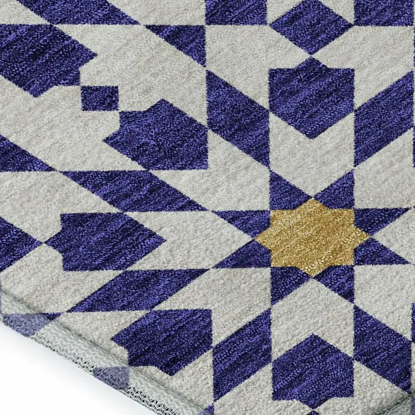 Navy Blue Ivory And Gold Geometric Washable Area Rug With UV Protection Photo 3