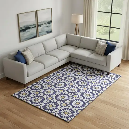 Navy Blue Ivory And Gold Geometric Washable Area Rug With UV Protection Photo 1