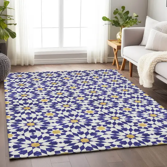 Navy Blue Ivory And Gold Geometric Washable Area Rug With UV Protection Photo 4