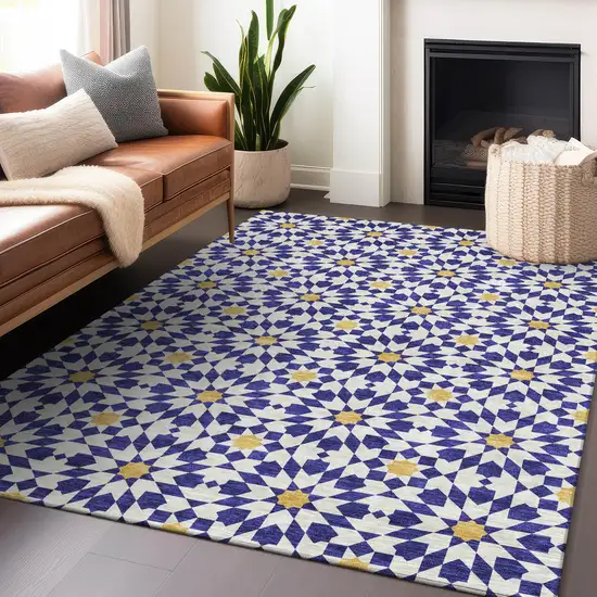 Navy Blue Ivory And Gold Geometric Washable Area Rug With UV Protection Photo 5