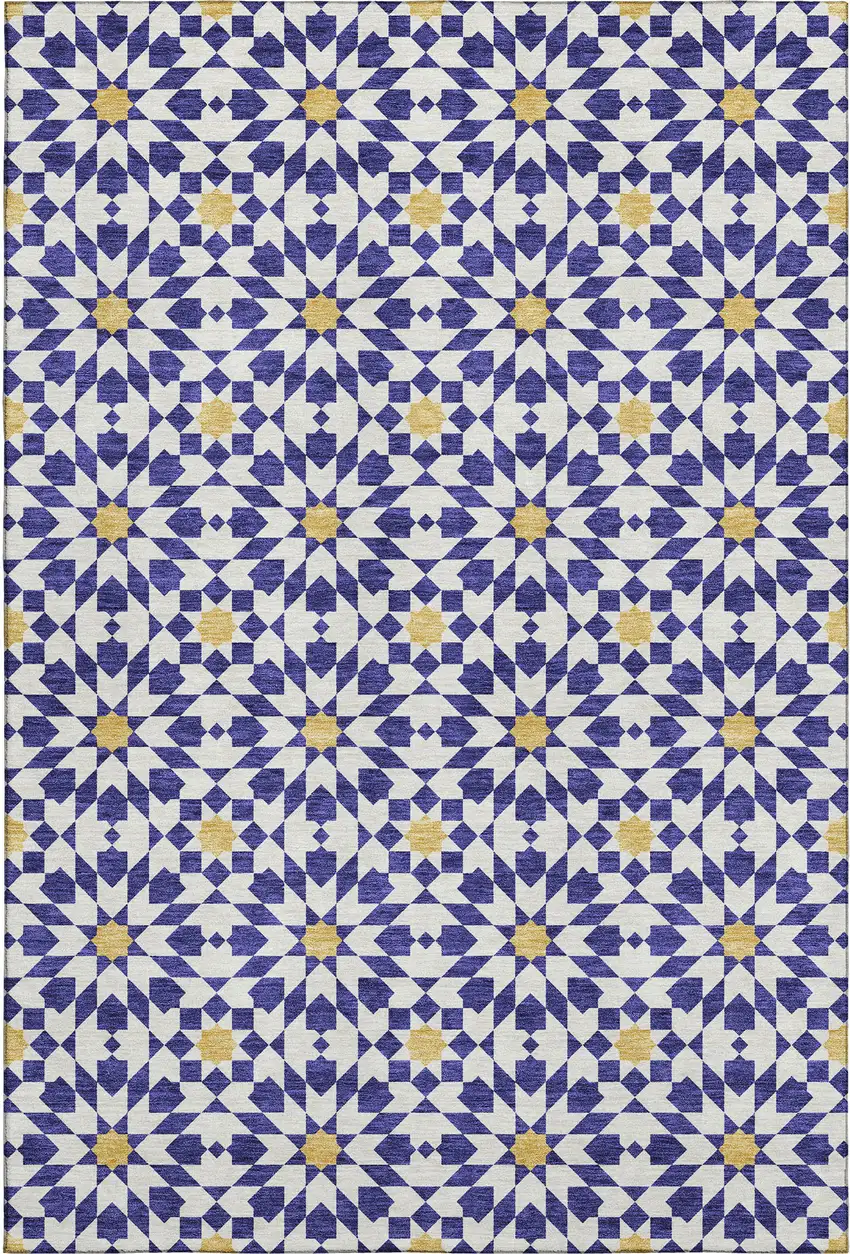 Navy Blue Ivory And Gold Geometric Washable Area Rug With UV Protection Photo 6