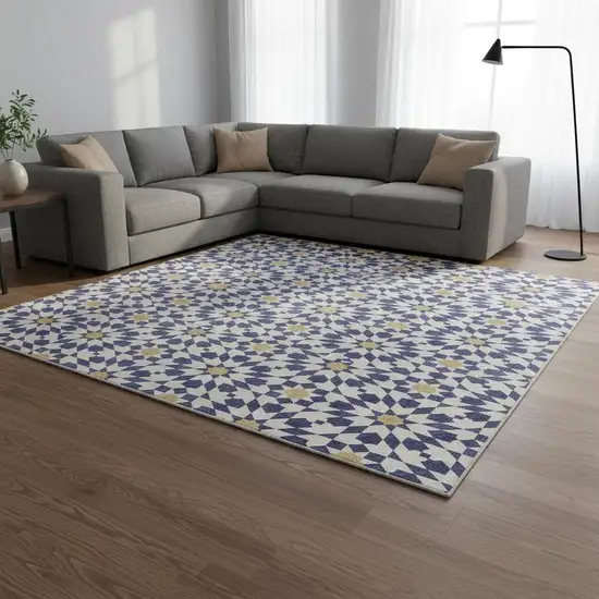 Navy Blue Ivory And Gold Geometric Washable Area Rug With UV Protection Photo 2