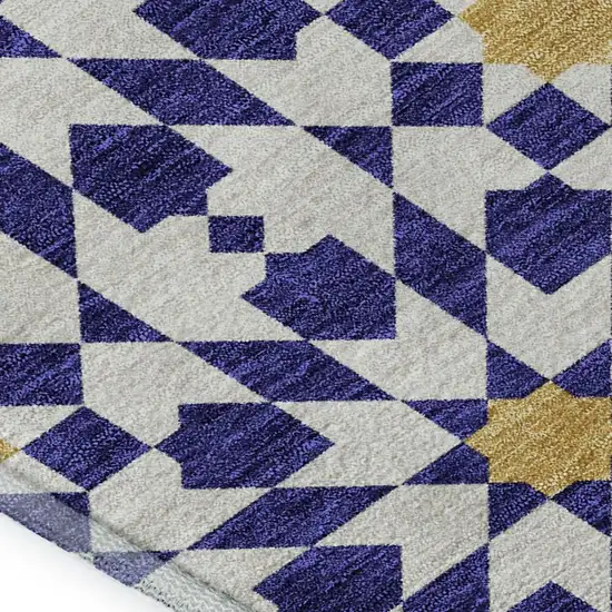 Navy Blue Ivory And Gold Geometric Washable Area Rug With UV Protection Photo 3