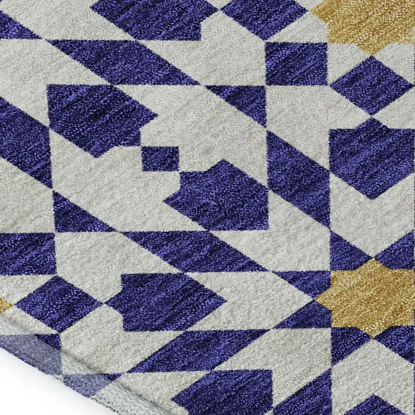 Navy Blue Ivory And Gold Geometric Washable Area Rug With UV Protection Photo 3