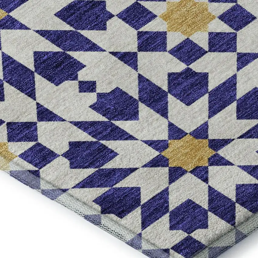 Navy Blue Ivory And Gold Geometric Washable Area Rug With UV Protection Photo 4