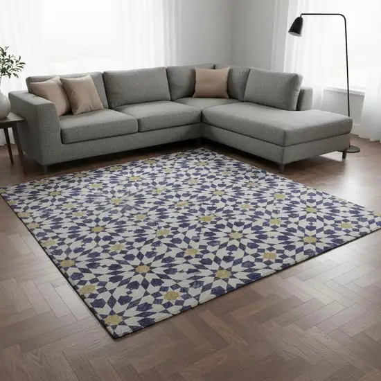 Navy Blue Ivory And Gold Geometric Washable Area Rug With UV Protection Photo 2