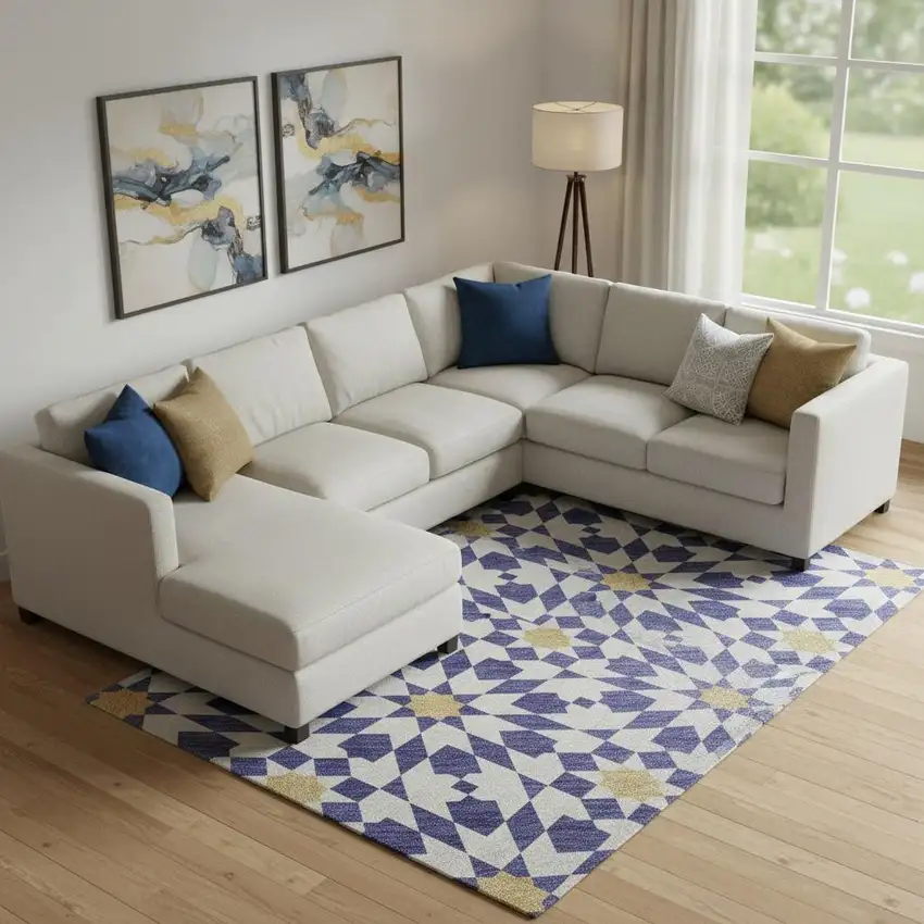 Navy Blue Ivory And Gold Geometric Washable Area Rug With UV Protection Photo 1