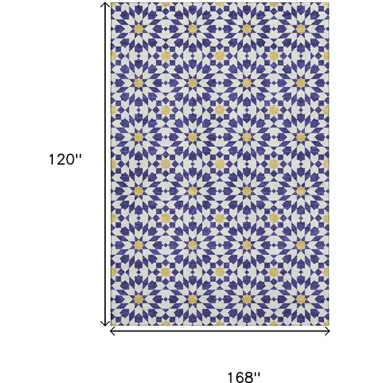 Navy Blue Ivory And Gold Geometric Washable Area Rug With UV Protection Photo 3