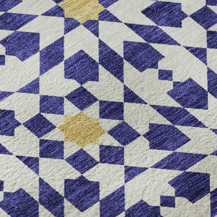 Navy Blue Ivory And Gold Geometric Washable Area Rug With UV Protection Photo 9