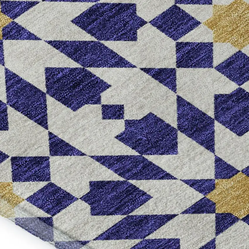 Navy Blue Ivory And Gold Geometric Washable Area Rug With UV Protection Photo 3