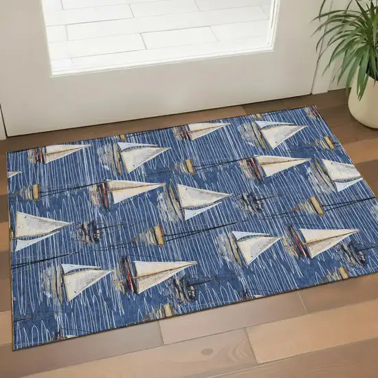Navy Blue Ivory And Gold Nautical Washable Area Rug With UV Protection Photo 1