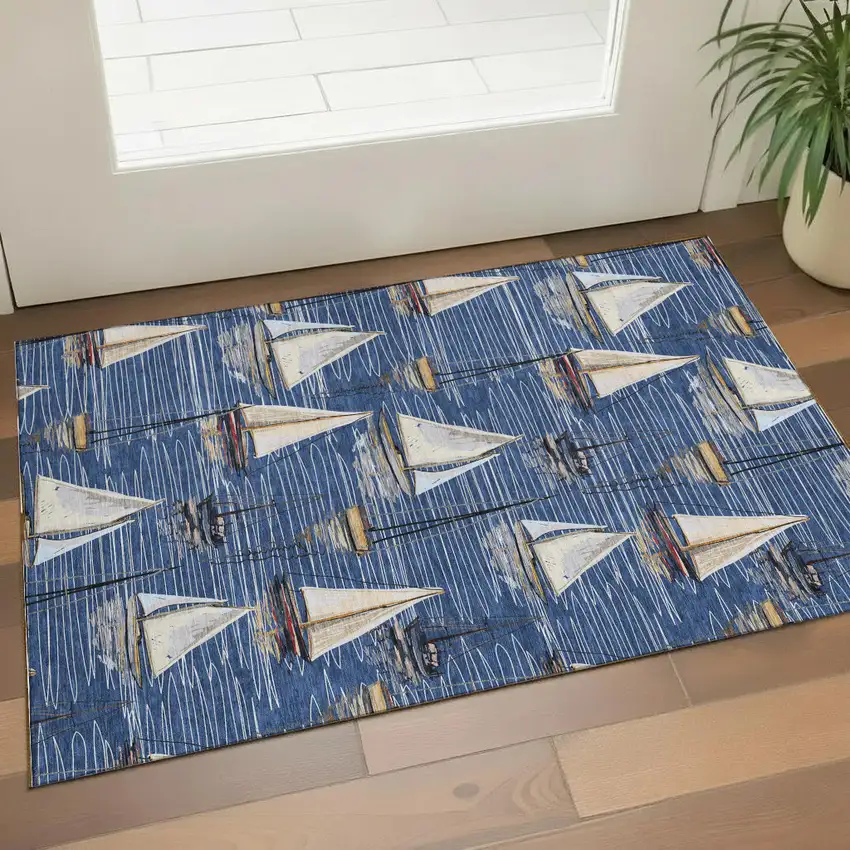 Navy Blue Ivory And Gold Nautical Washable Area Rug With UV Protection Photo 1
