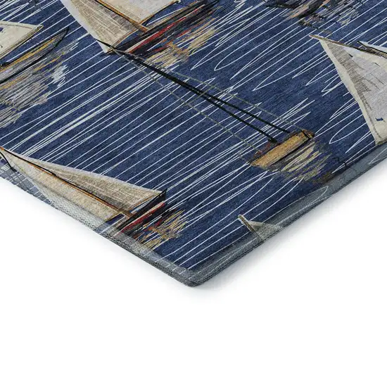 Navy Blue Ivory And Gold Nautical Washable Area Rug With UV Protection Photo 9