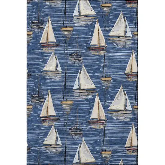 Navy Blue Ivory And Gold Nautical Washable Area Rug With UV Protection Photo 5