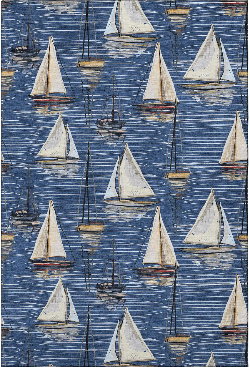 Navy Blue Ivory And Gold Nautical Washable Area Rug With UV Protection Photo 5