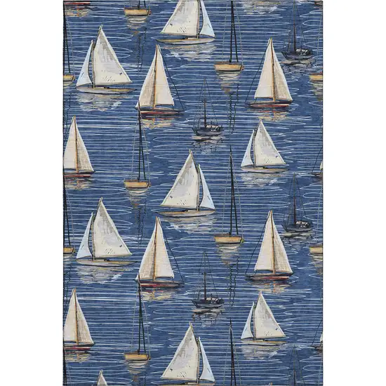 Navy Blue Ivory And Gold Nautical Washable Area Rug With UV Protection Photo 2