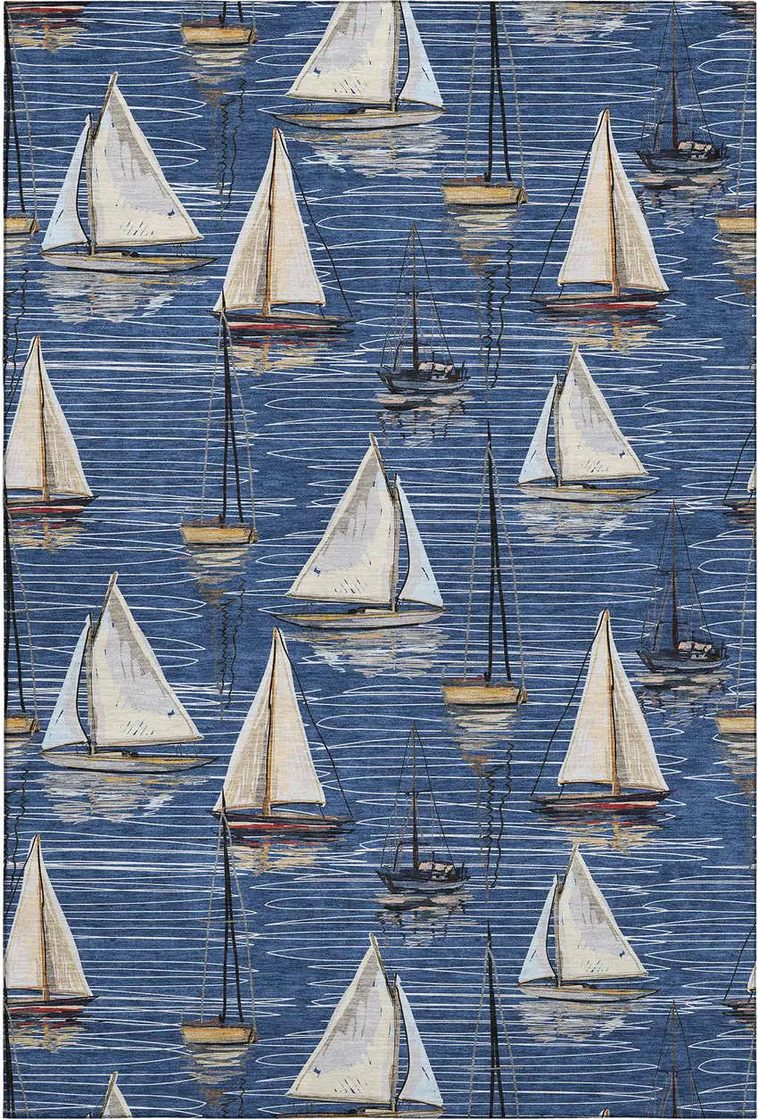 Navy Blue Ivory And Gold Nautical Washable Area Rug With UV Protection Photo 2