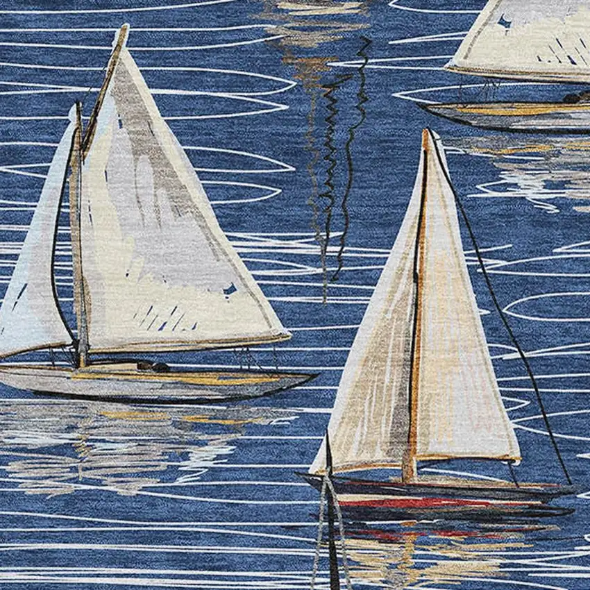 Navy Blue Ivory And Gold Nautical Washable Area Rug With UV Protection Photo 4