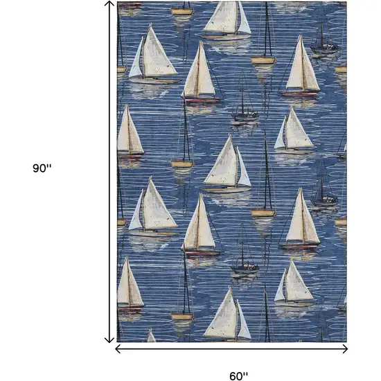 Navy Blue Ivory And Gold Nautical Washable Area Rug With UV Protection Photo 3