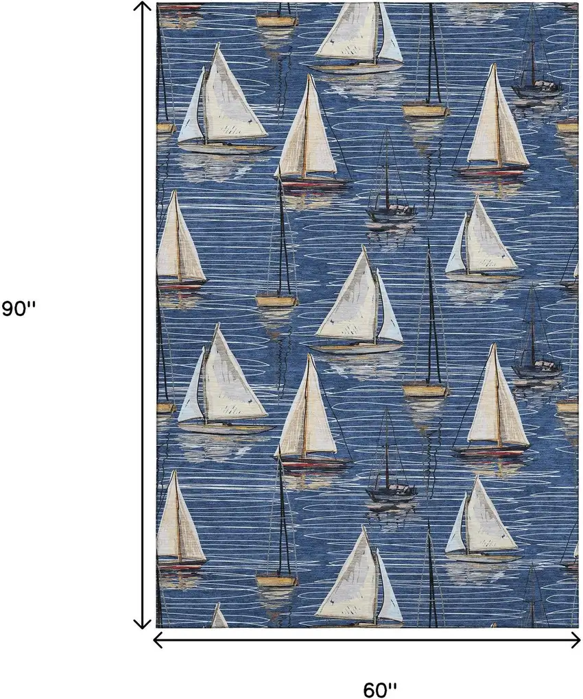 Navy Blue Ivory And Gold Nautical Washable Area Rug With UV Protection Photo 3