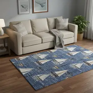 Photo of Navy Blue Ivory And Gold Nautical Washable Area Rug With UV Protection