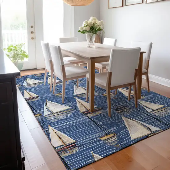 Navy Blue Ivory And Gold Nautical Washable Area Rug With UV Protection Photo 7