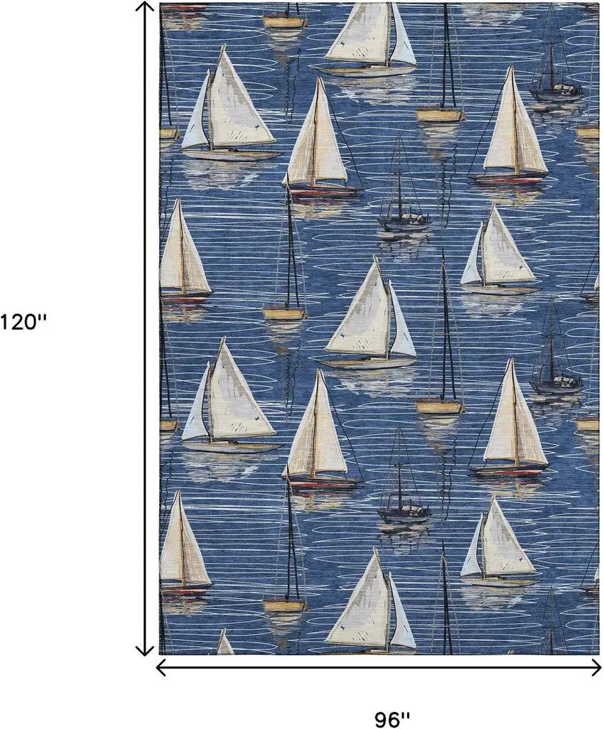 Navy Blue Ivory And Gold Nautical Washable Area Rug With UV Protection Photo 3