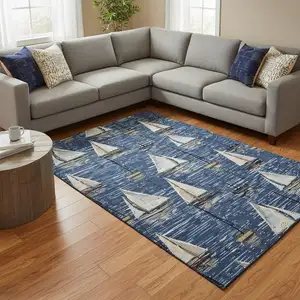 Photo of Navy Blue Ivory And Gold Nautical Washable Area Rug With UV Protection