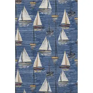Photo of Navy Blue Ivory And Gold Nautical Washable Area Rug With UV Protection
