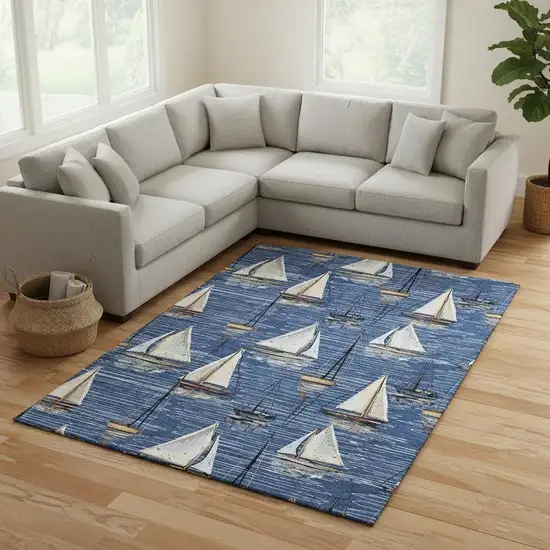 Navy Blue Ivory And Gold Nautical Washable Area Rug With UV Protection Photo 1