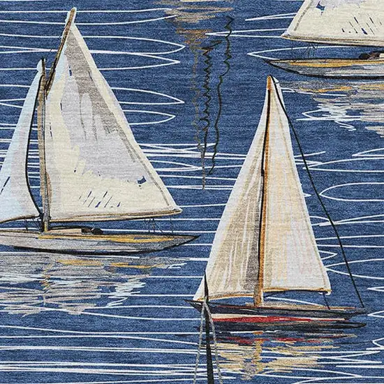 Navy Blue Ivory And Gold Nautical Washable Area Rug With UV Protection Photo 4