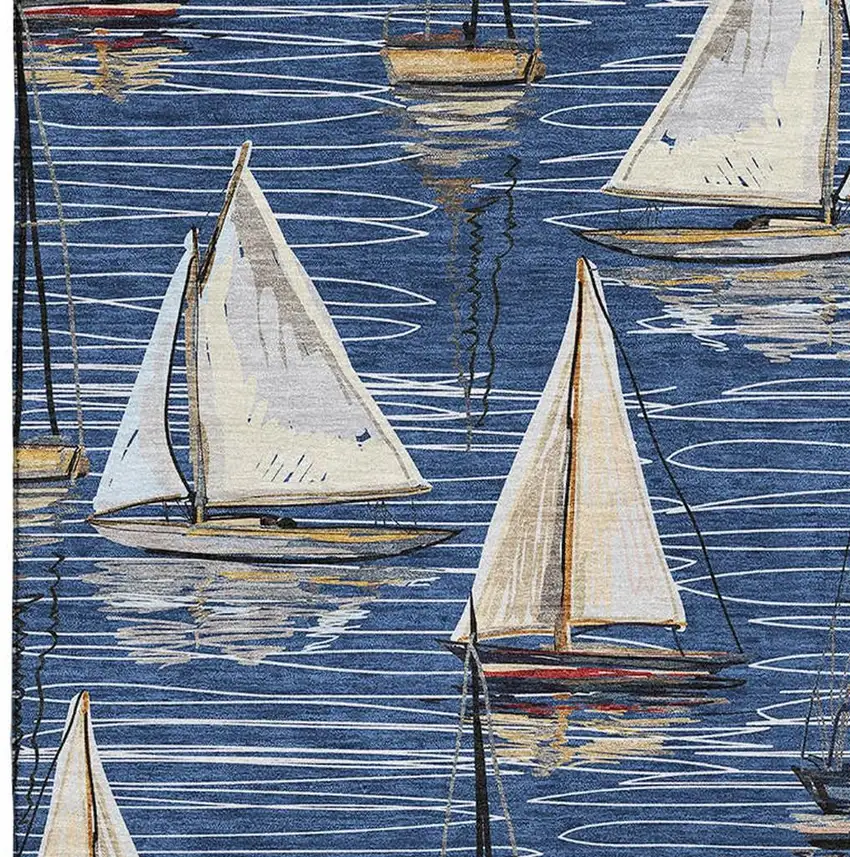 Navy Blue Ivory And Gold Nautical Washable Area Rug With UV Protection Photo 5