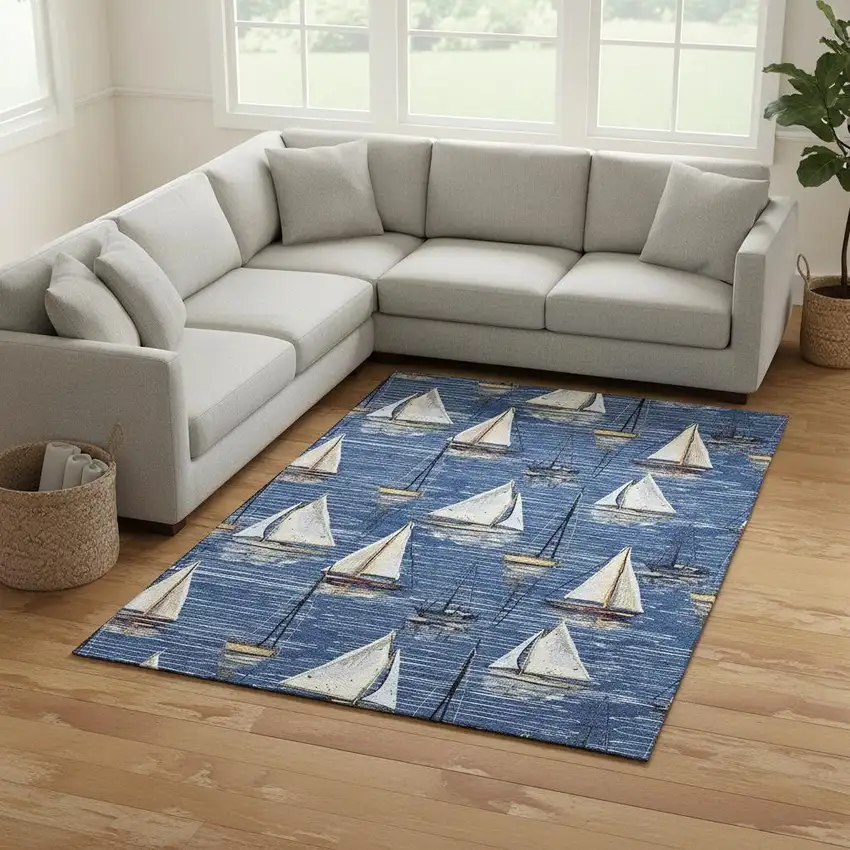 Navy Blue Ivory And Gold Nautical Washable Area Rug With UV Protection Photo 1