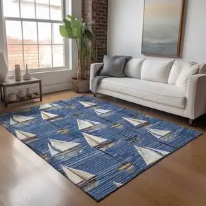 Photo of Navy Blue Ivory And Gold Nautical Washable Area Rug With UV Protection