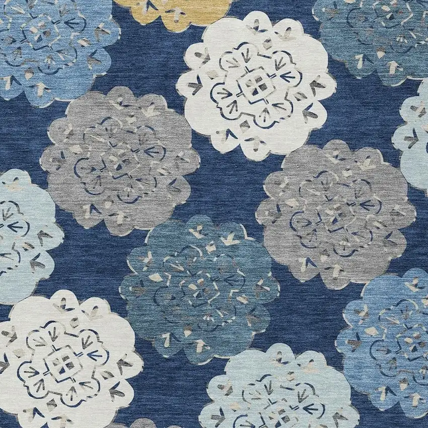 Navy Blue Ivory And Gold Quatrefoil Washable Indoor Outdoor Area Rug Photo 7