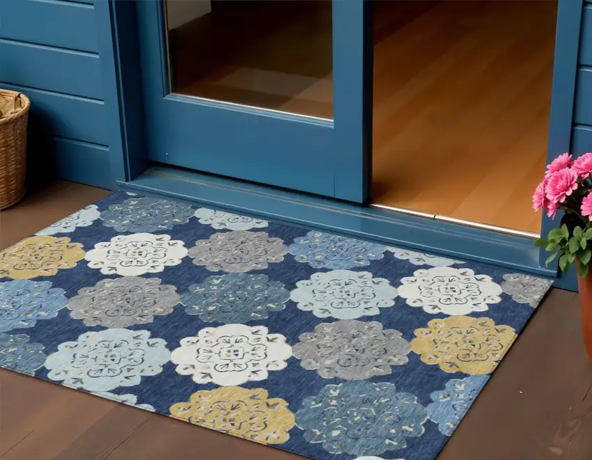 Navy Blue Ivory And Gold Quatrefoil Washable Indoor Outdoor Area Rug Photo 1