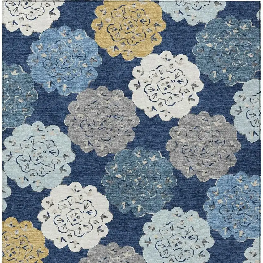 Navy Blue Ivory And Gold Quatrefoil Washable Indoor Outdoor Area Rug Photo 7